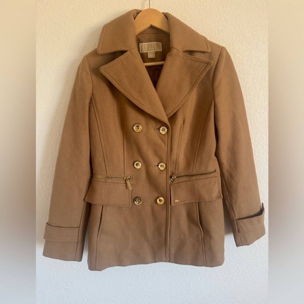 Michael Kors Camel Wool Blend Peacoat Gold Buttons Zip Pocket Coat XS